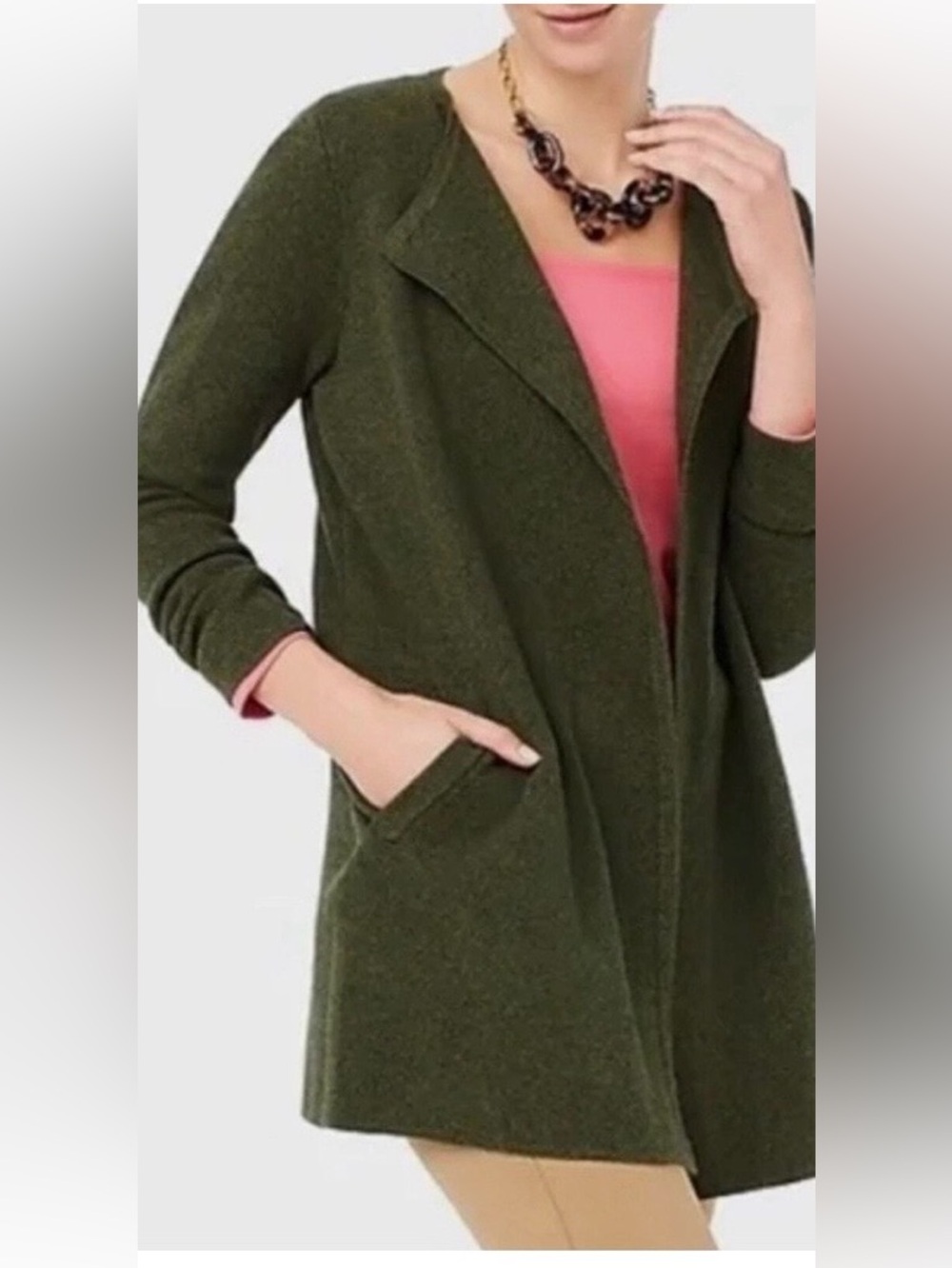 J. Crew Olive Open-Front Longline Heavy Cotton Cardigan - CottageCore - Sz L!!